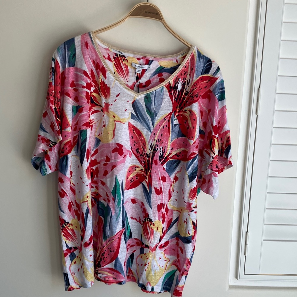 CHICO’S Lily Sweater Trim Tee “Watermelon Punch” Short Sleeve Linen Top Size XL